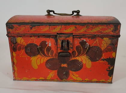 Red Pa decorated tole document box ca 1830's: Title: Red Pa decorated tole document box ca 1830'sDimension: 8 3/4" long x 6" high x 5" deepDescription: A very nice tole box with minor loss at the edges and upper rim.The box retains 95% + of it's