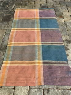 c. 1890 rag carpet: Title: c. 1890 rag carpetDate/Period: c. 1890Dimension: 7 ft. x 35 in.Additional Information: Pale salmon & blue blocks with pale ivory and mustard stripes. Shipping:Domestic: Flat-rate of $35.00 to