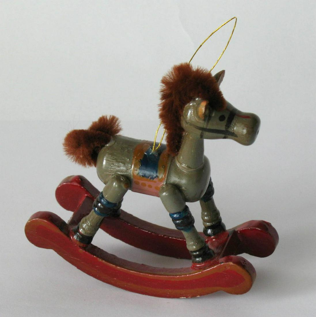 Vintage rocking horse Christmas tree ornament.: Title: Vintage rocking horse Christmas tree ornament. Description: Nice vintage rocking horse Christmas tree ornament in great condition. Dimension: 4” x 3 1/2” Circa: 1950's Shipping: Dom