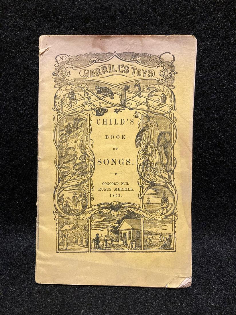 1853 Merrill’s Childs Book Of Songs: Title: 1853 Merrill’s Childs Book Of Songs Dimensions:4” x 6”. Provenance/Additional Info: Concord, NH. with 10 woodcuts. All there. Some staining and tatters to the cover. Shipping: Domestic: F