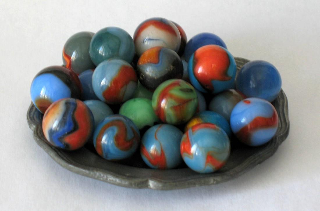 Group of early glass marbles.: Title: Group of early glass marbles. Description: Nice group of 27 vintage glass marbles with great strong colors. Dimension: regular size Circa: 1950's Shipping: Domestic: Flat-rate of $12.00 to anyw