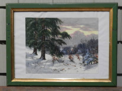 Charles Grant Davidson, NY, 1865-1945. W/C Landscape: Charles Grant Davidson, NY, 1865-1945. W/C Landscape - A Winter Snow Scene with Large Evergreens by Pond, Signed CGD Frame Size: 20 3/8" x 15 3/8". Very Good Condition. Circa 1910-30. Shipping: Domest