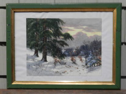 Charles Grant Davidson, NY, 1865-1945. W/C Landscape: Charles Grant Davidson, NY, 1865-1945. W/C Landscape - A Winter Snow Scene with Large Evergreens by Pond, Signed CGD Frame Size: 20 3/8" x 15 3/8". Very Good Condition. Circa 1910-30. Shipping: Domest