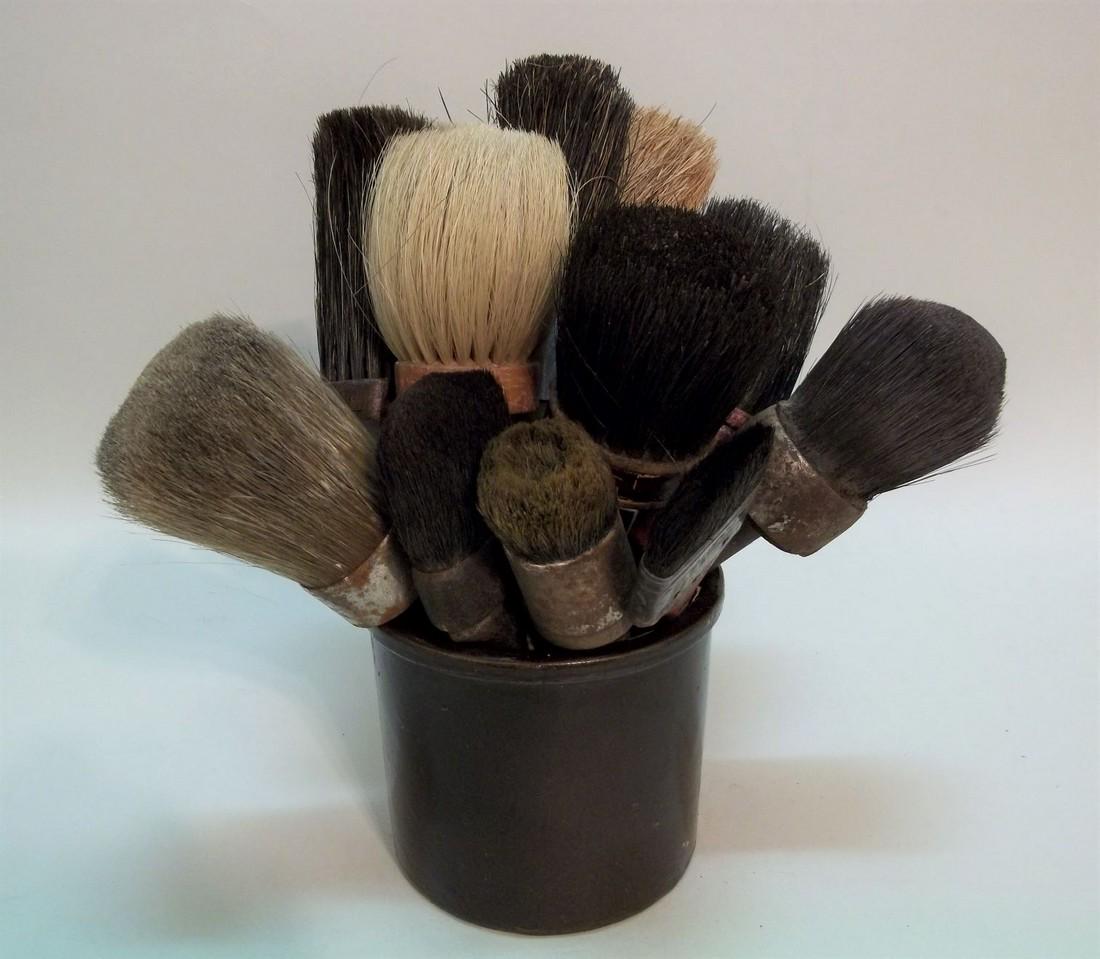 Small Crock with Brushes: Title: Small Crock with Brushes Date/Period: early 20th c/ Materials: American Dimension: Crock is 4 5/8" tall and 5" diameter at the top. Brushes range in length from 6" to 12". Additional Informatio