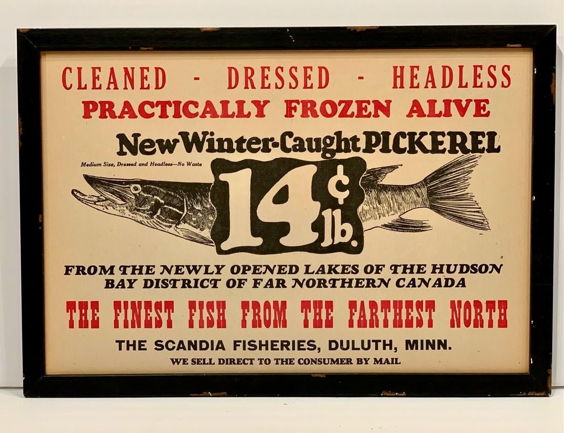 WINTER CAUGHT PICKEREL SIGN, early 20th c (1 of 4)