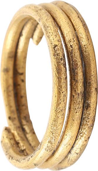 VIKING COIL RING C.900-1050 AD JEWELRY SZ 10: Size 10, 3 coils to 6.3mm, well about 1/4" width. Circular section helix, of gold over bronze. Made by the lost-wax process, coil beads, rings, and other adornments were very popular in Viking culture