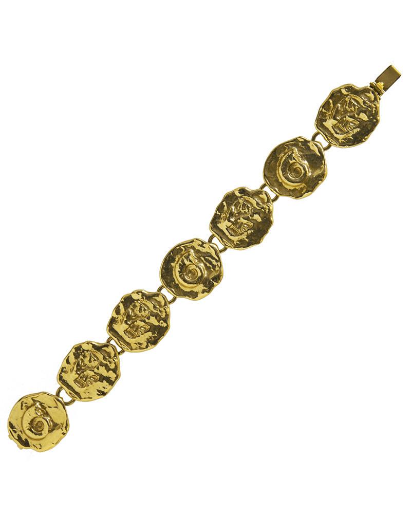 Yves Saint Laurent Gold Abstract Medallion Bracelet: Brand: Yves Saint Laurent Title: Yves Saint Laurent Gold Abstract Medallion Bracelet Additional Information: Yves Saint Laurent 1980's gold plated medallion link bracelet. The medallions feature abstr