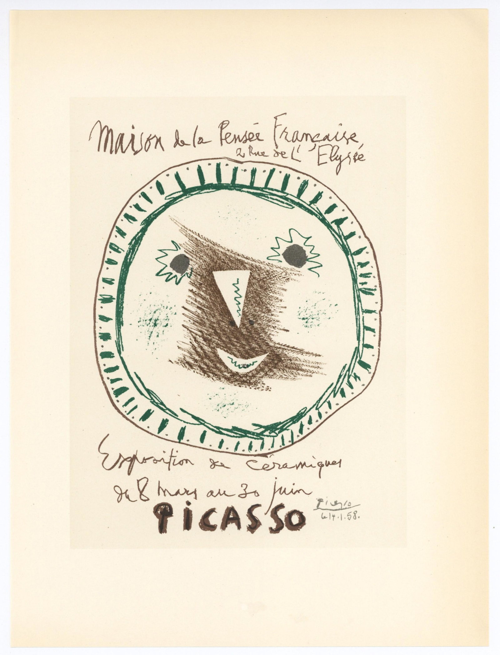 Pablo Picasso lithograph poster "Ceramiques": Medium: lithograph (after the original lithograph poster). During the late 1940's and throughout the 1950's, Picasso created a series of posters at the atelier of Mourlot Freres. The lithograph offere