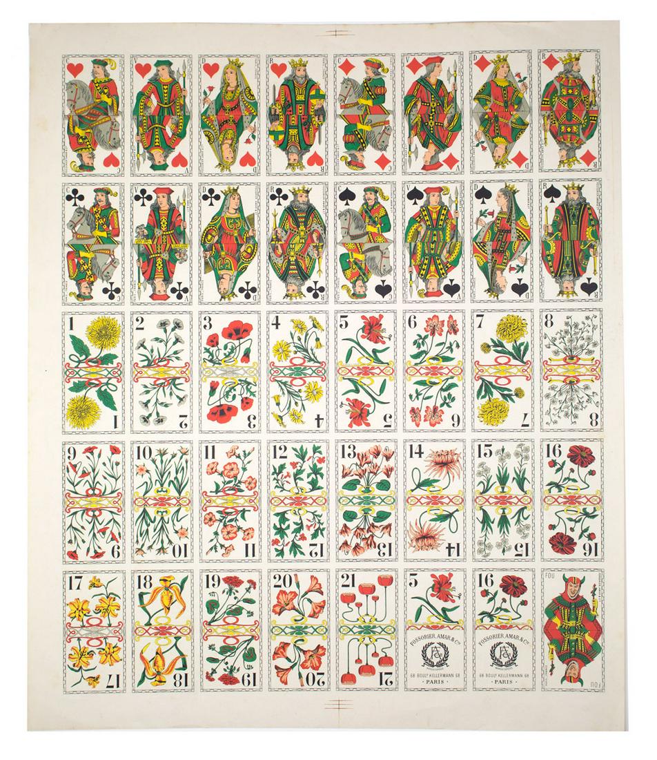 Uncut Sheet French Flower Tarot Fossorier Amar & Cie: French flower tarot edited by FOSSORIER, AMAR & Cie Maîtres Cartiers in Paris from drawings engraved by E.HELLE in 1902. The original is kept at the National Library of Paris. A rare and beautiful de