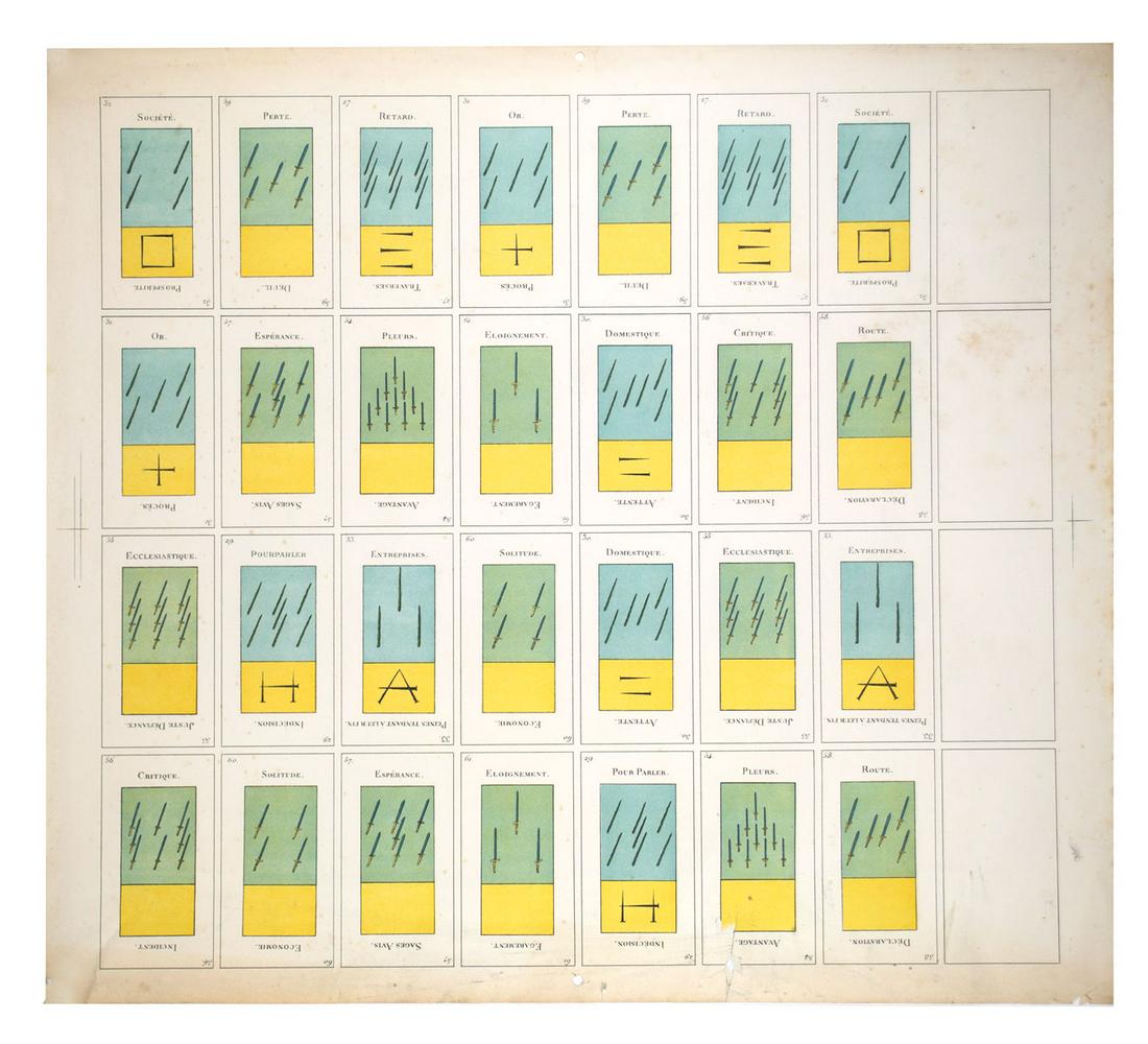 Swords And Wands Tarot Playing Cards Antique Uncut: It is unclear if it is a part of a tarot or a stand alone tarot suite , unknown date of printing .Depending on position the reading is different. size 23.5 x 19 1/4 , good condition , fresh color , po