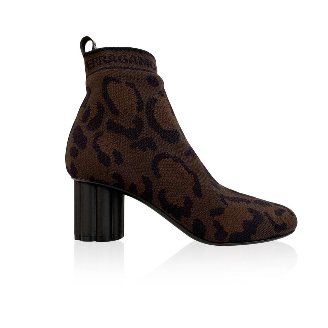 Salvatore Ferragamo Leopard Capo 55P Sock Ankle Boots: Beautiful Salvatore Ferragamo 'Capo 55 P' sock ankle Boots. Stretch knit sock upper with brown and black leopard print. They feature round toe 'Ferragamo' writing on the top and on the back and block 
