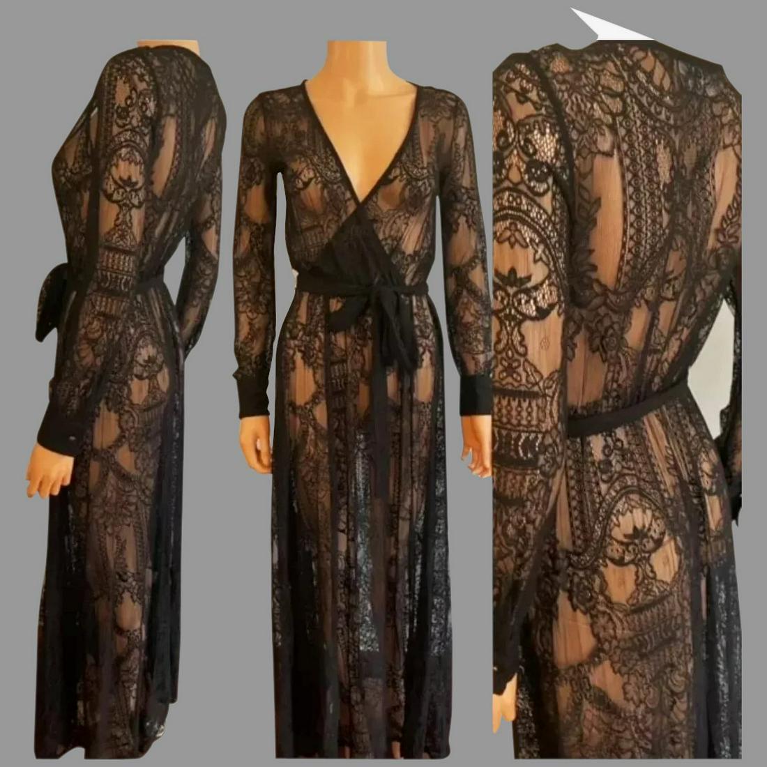 Vtg 70's Vibes Maxi all lace layering Maxi dress: Beautiful very Sensual all lace maxi Layering dress semi wrap with Sash belt and silver buttons at sleeves. In amazing vintage condition. Runway worn only. Size -S has a bit of stretch Reserve: $100.0