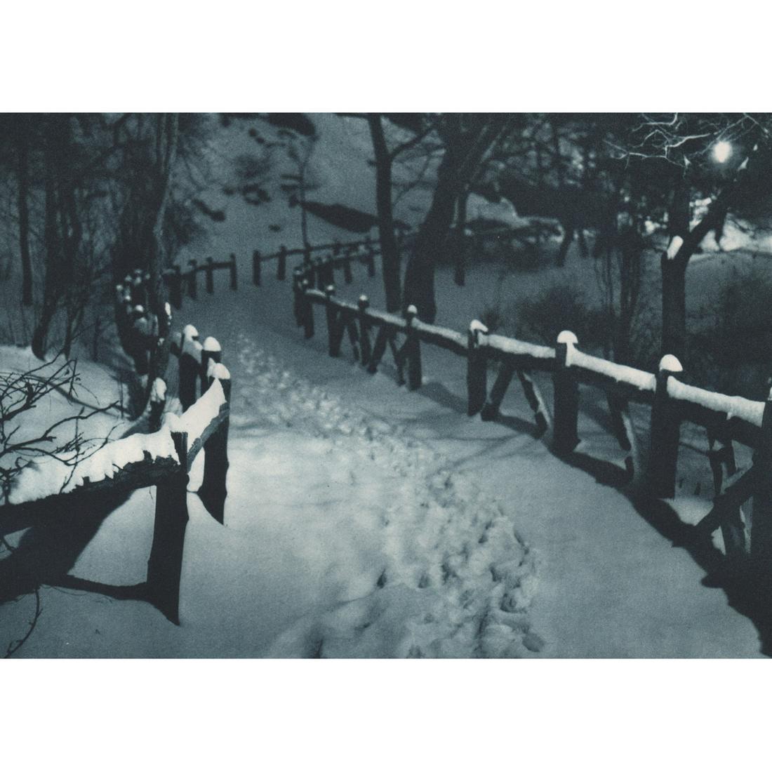 ADOLF FASSBENDER - Snow Caps: Artist: ADOLF FASSBENDER Print Title: Snow Caps Medium: Blue toned Sheet-fed Gravure Printing Date: 1937 Printed in the USA Image Size: 8.75 X 12.75 inches He supervised every facet of this printing A