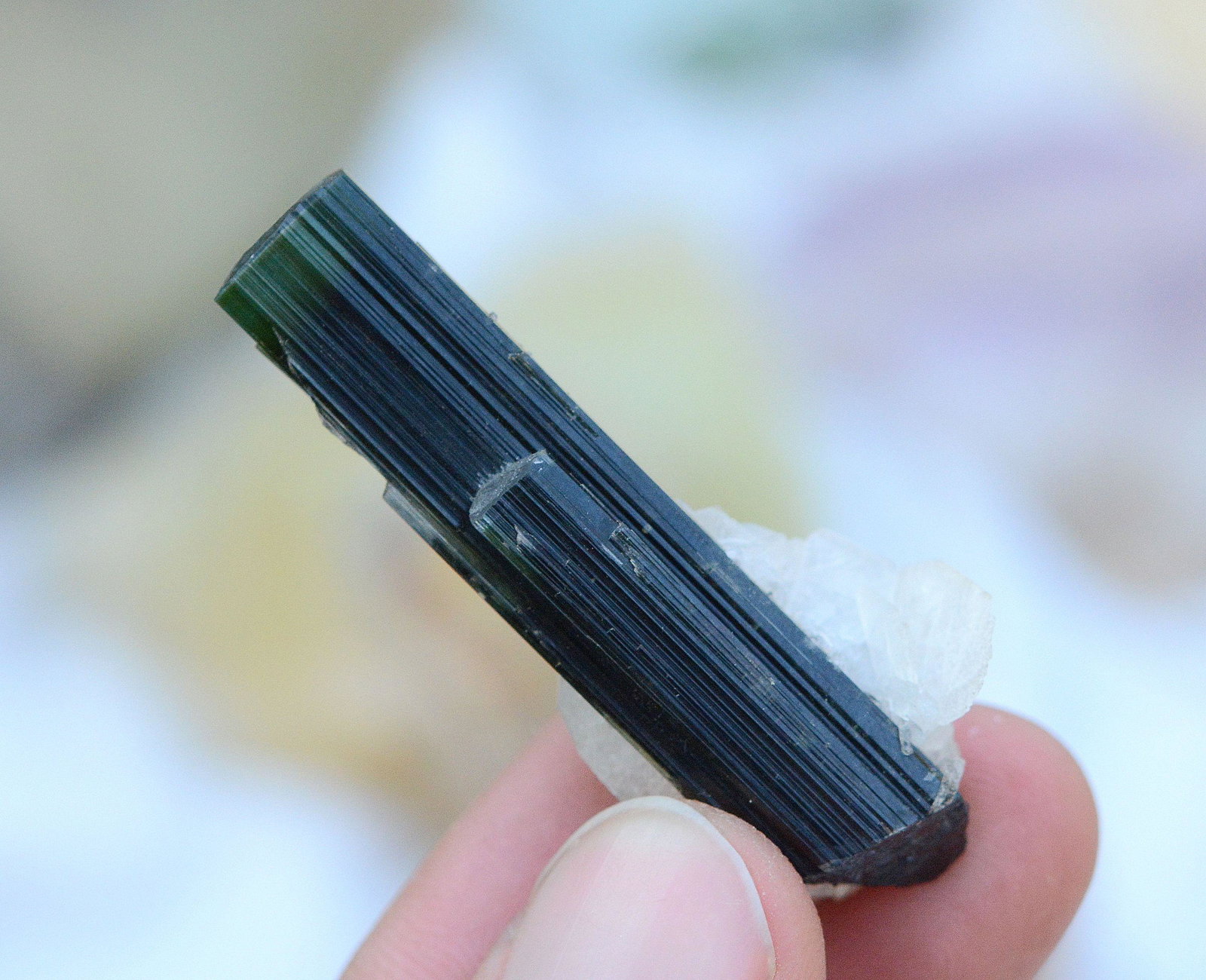 12 Gram Amazing Natural Green Cap Tourmaline With: Title: 12 Gram Amazing Natural Green Cap Tourmaline With Albite Specimen Treatment: Natural Weight: 12 Gram Size/Dimensions: 46x19x10 mm Origin: Pakistan Reserve: $30.00 Shipping: Domestic: Flat-rate 