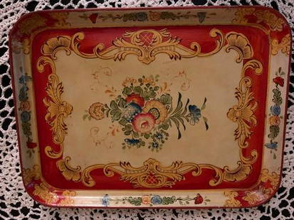 Hand-painted papier mache tray Circa 1930's & 1940's.: Title: Hand-painted papier mache tray Circa 1930's & 1940's.Description: Hand-painted papier mache tray Circa 1940's. Distress and age wear throughout. The finish is water and alcohol proof. Marked