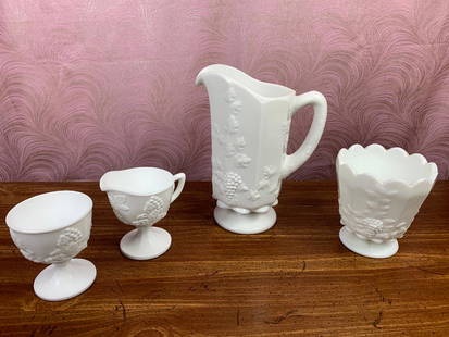 Westmoreland Milk Glass Planter Pot, Creamer and Sugar: Title: Westmoreland Milk Glass Planter Pot, Creamer and Sugar with PitcherDescription: Vintage Westmoreland Paneled Grape pattern Milk Glass Planter Pot, Creamer and Sugar cup and PitcherDate/Period: