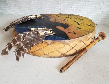 Vintage Pawnee Ghost Dance Drum With Birds: Title: Vintage Pawnee Ghost Dance Drum With BirdsMaker: US Plain IndiansOrigin: USADate/Period: 1940sMaterials: Elk Skin - wood - natural pigmentsSize:16 x 3.5 inches - Drum beater 12