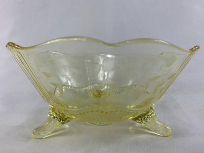 Vintage Yellow Glass Floral Etched Footed Bowl: Title: Vintage Yellow Glass Floral Etched Footed BowlDescription: Vintage Yellow Glass Floral Etched Footed BowlDate/Period: Early 20th centuryMaterial Used: Glass Size :4.5"H x 8'W x 3"D Reserve: