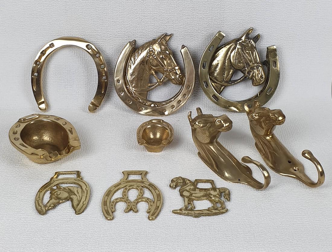 Set of Brass & Bronze Horse: Title: Set of Brass & Bronze Horse Desciption: Two Doorknockers, Two Aschtrays, 3 Medaillon Halter Decorations, one Lucky Horseshoe, Two Coat or Halter Hooks. Date/Period: End 20th Century Materials: 