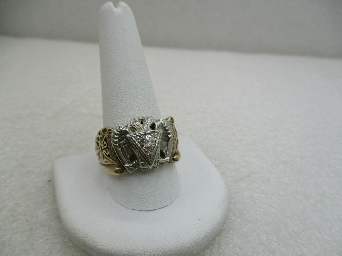 Vintage 10kt-12kt 32nd Degree Diamond Masonic Ring,: Vintage 10kt-12kt 32nd Degree Diamond Masonic Ring, Scottish Rite Ring, Sz. 12.25. Appx. 14.67 grams. Two-Tone with double eagle and an appx. .33 ctw diamond, Appx. color G-H. VS1, good cut, round sto