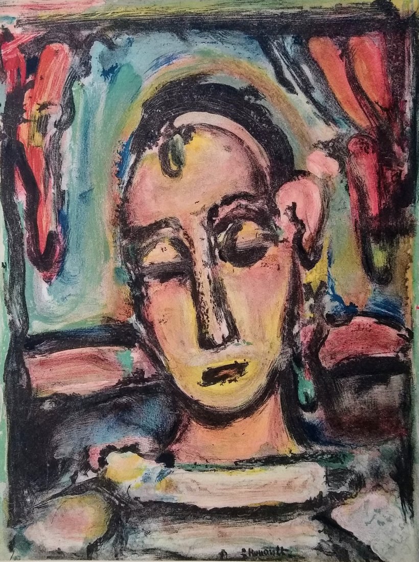 Pierrot (Face of a Young Girl),: Artist: Georges Rouault (after) Title: Pierrot (Face of a Young Girl), Description: Color lithograph from VERVE 5/6. Double-sided. Andre Derain on the verso. Unnumbered edition signed in the plate Dat
