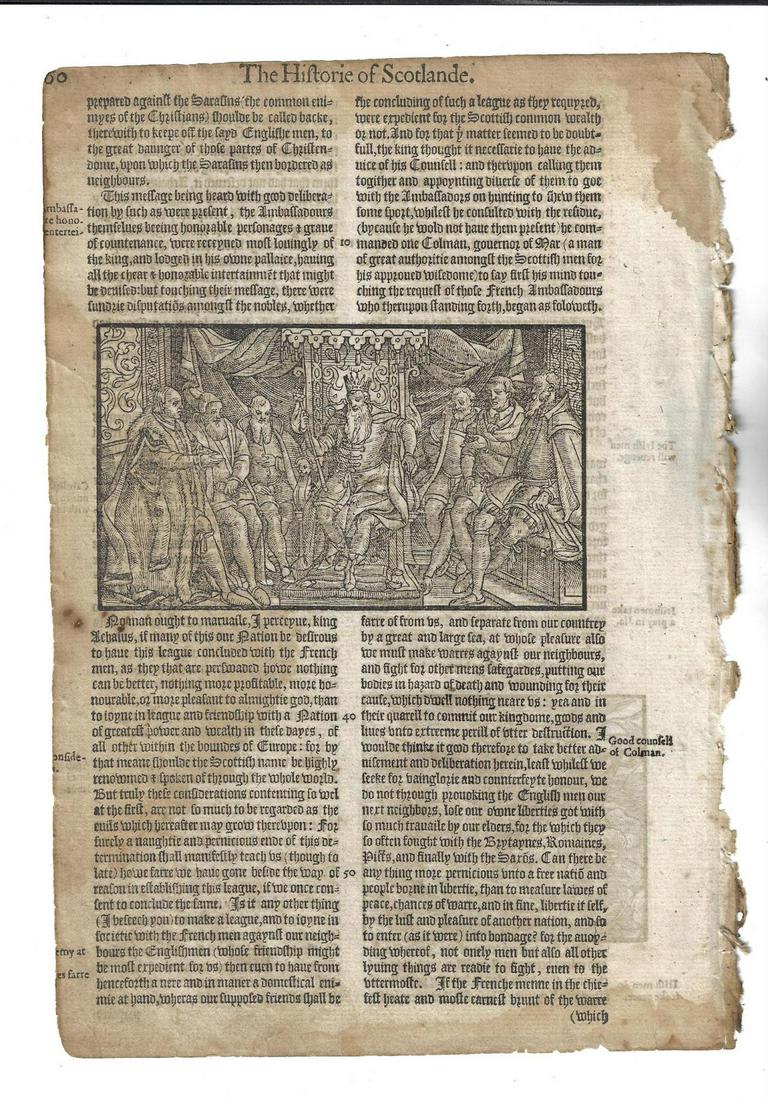 1577 Holinshed Leaf Woodcut Peace with Irish: An illustrated leaf from Holinshed "Historie of Scotlande", with woodcut of a ship carrying Irishmen to talk peace. Folio 159/160. Very Good with light crop to right margin and dampstaining, measures