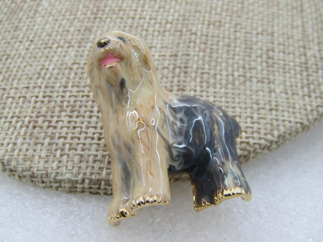 Vintage Enameled Old English Sheepdog Brooch, Signed: Vintage Enameled Old English Sheepdog Brooch, Signed Erwin Pearl making jewelry since 1952. Retired dog collection brooch. Appx. 1970's-1980's. (INV. W.923.102117.1X1 SS3126 J LD 11/23/20). Reserve: $