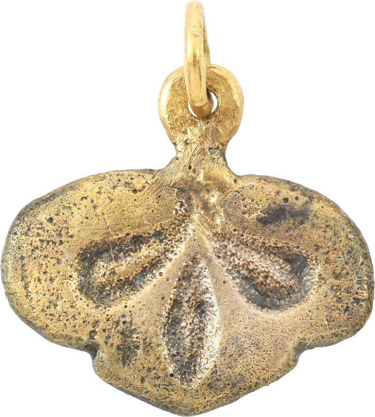 VIKING HEART PENDANT NECKLACE 900 AD JEWELRY: An early example of broad heart form with central trefoil converging at the cusp point. Waisted or indented below center. 7/8” width. Excellent example made by the open face mold technique. The hear