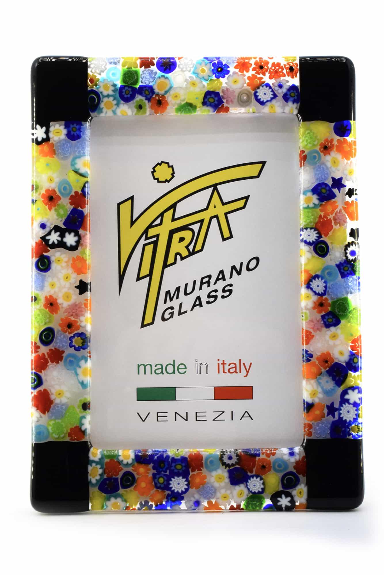Glass Picture Frame With Murrine: Title: Glass Picture Frame With Murrine Maker: Vitra Origin: Venice Date/Period: 2020 Material: Glass Size: External 19,5 x 14 cm 330 grams - Inside frame 14,5 x 9 cm Additional Information: Glass pic