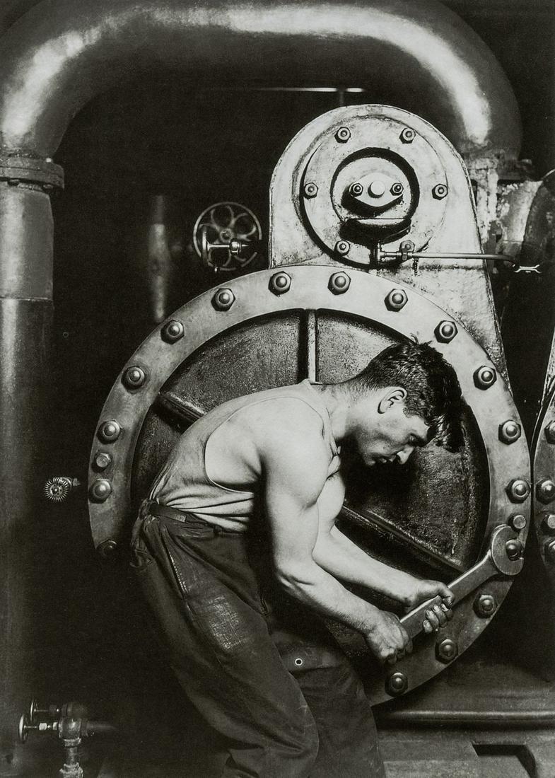 LEWIS HINE - Steamfitter, 1920: Artist: LEWIS HINE Title: Steamfitter, 1920 Medium: Photo Litho, 1997, China Dimensions: 5.2x7.25" Description: Heat Wax Mounted on 8.5x11" Conservation Board Artist Bio: Lewis Wickes Hine (1874 - 194