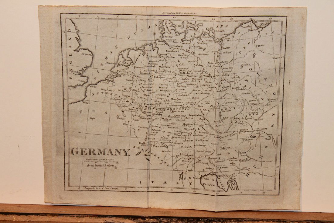 1801 Map of Germany: Author: Walker Title: 1801 Map of Germany Medium: Ink on Paper Dimensions: 10.5"X8" Map of Germany dated 1801. Part of the 3rd edition of the Universal Gazetteer. Published by John Walker in London. R