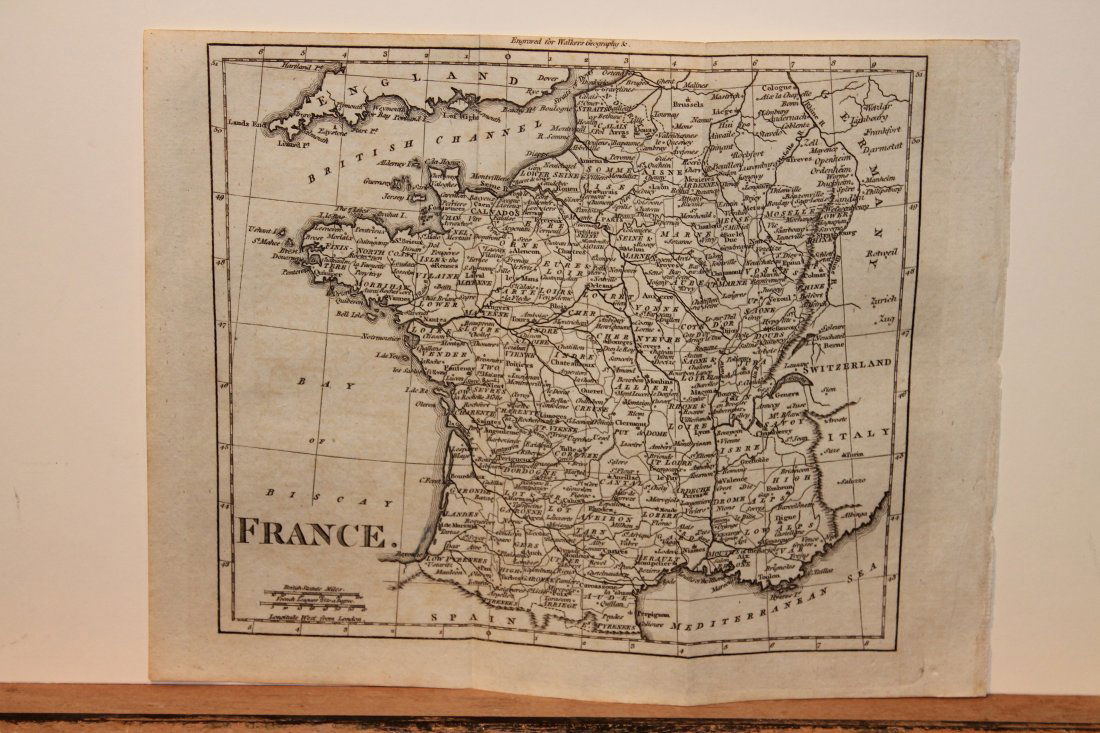 1801 Map of France: Author: Walker Title: 1801 Map of France Medium: Ink on Paper Dimensions: 10.5"X8" Map of France dated 1801. Part of the 3rd edition of the Universal Gazetteer. Published by John Walker in London. Rev