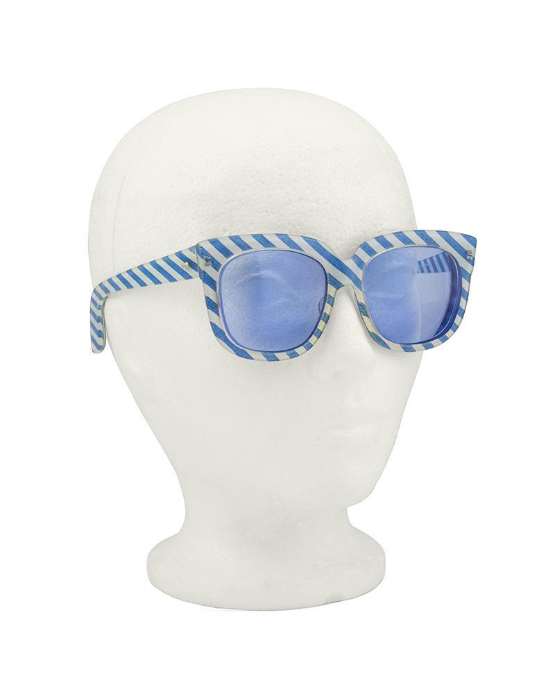 Emmanuelle Khanh Blue Striped Sunglasses: Brand: Emmanuelle Khanh Title: Emmanuelle Khanh Blue Striped Sunglasses Additional Information: Amazing 1970s Emmanuelle Khanh blue striped sunglasses with blue lenses. This shape and style was worn a