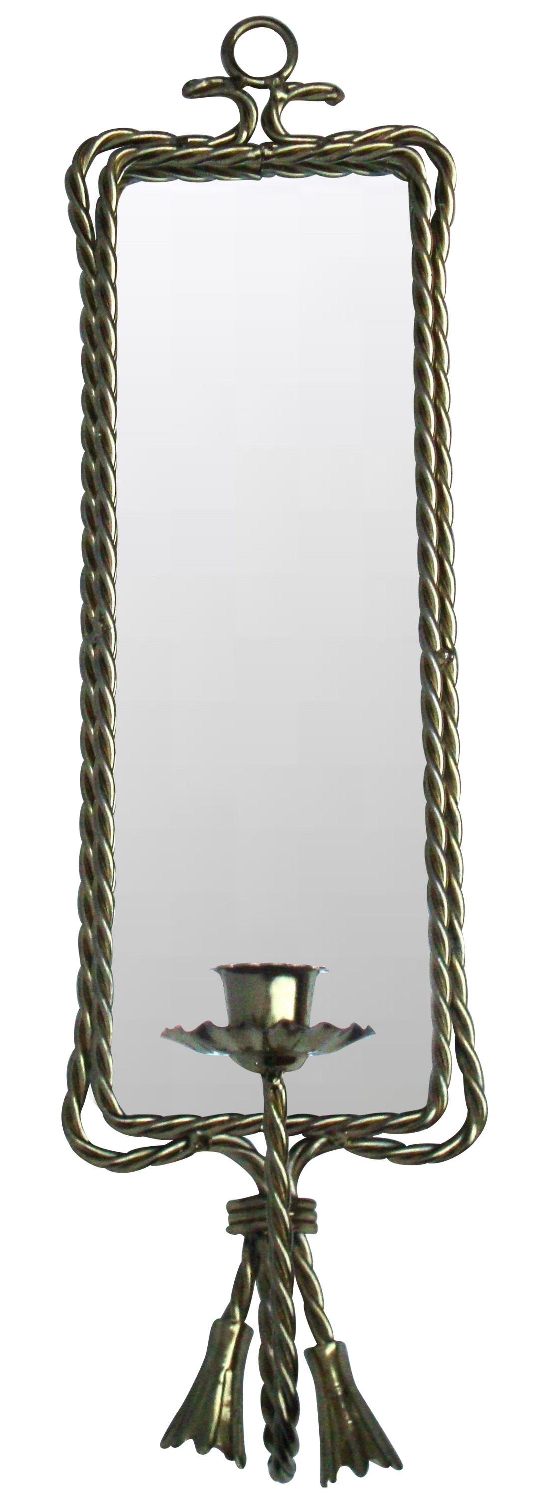 Hollywood Regency Gold Twist Mirror Candleholder: Display this lovely Deco Hollywood Regency Sconce as an accent beside your favorite piece of art - with gold twist details, this tasseled mirror is also a candle holder. 2 matching sconces are also av