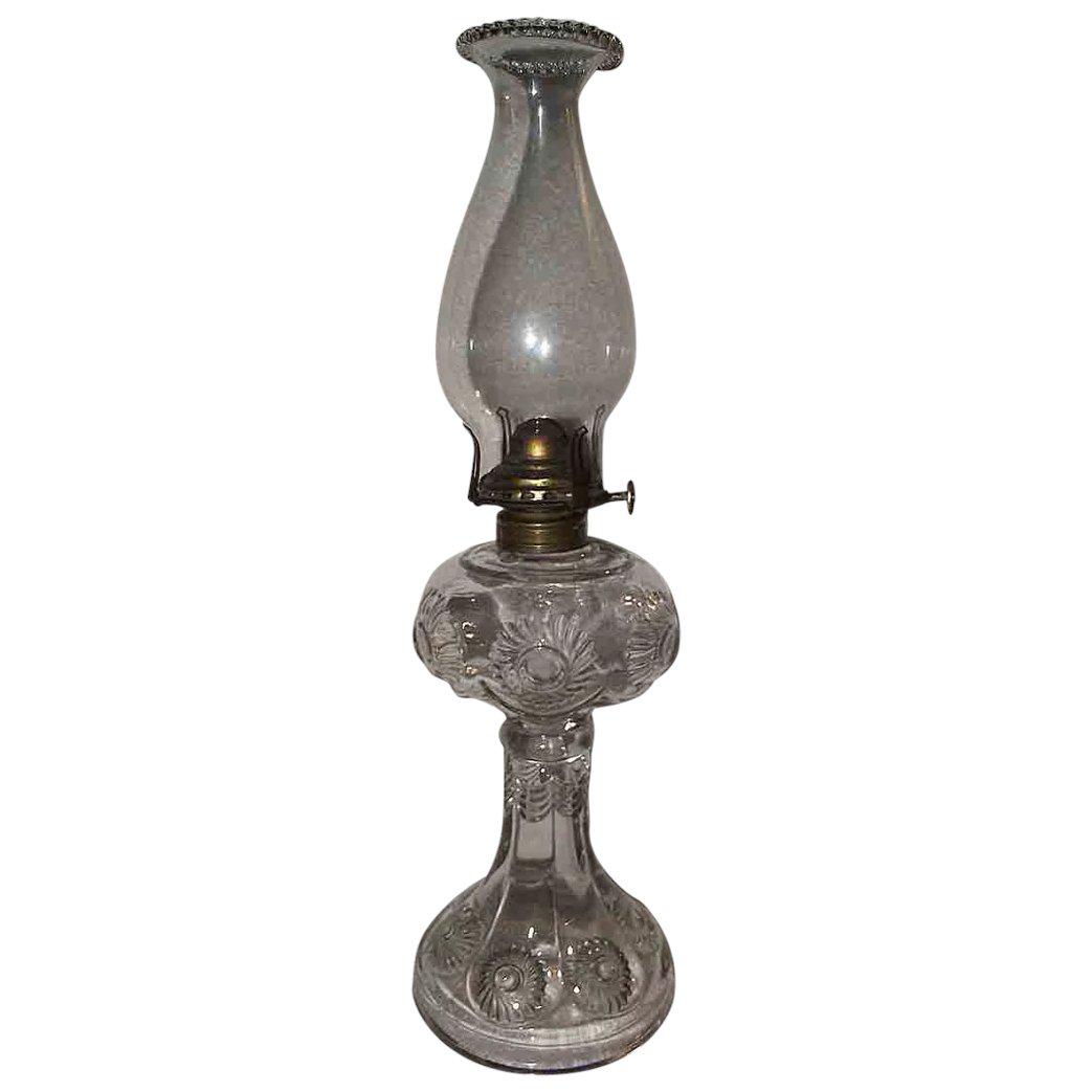 Small "Pinwheel" Pattern Clear Glass Oil Lamp !!! Circa: Title: Small "Pinwheel" Pattern Clear Glass Oil Lamp !!! Circa 1880 to 1900. Description: Pinwheel Pattern, aka nicknamed "Rosettes" Clear Glass Oil Lamp !!! Great Raised Pinwheels on Fount, and Pinwh