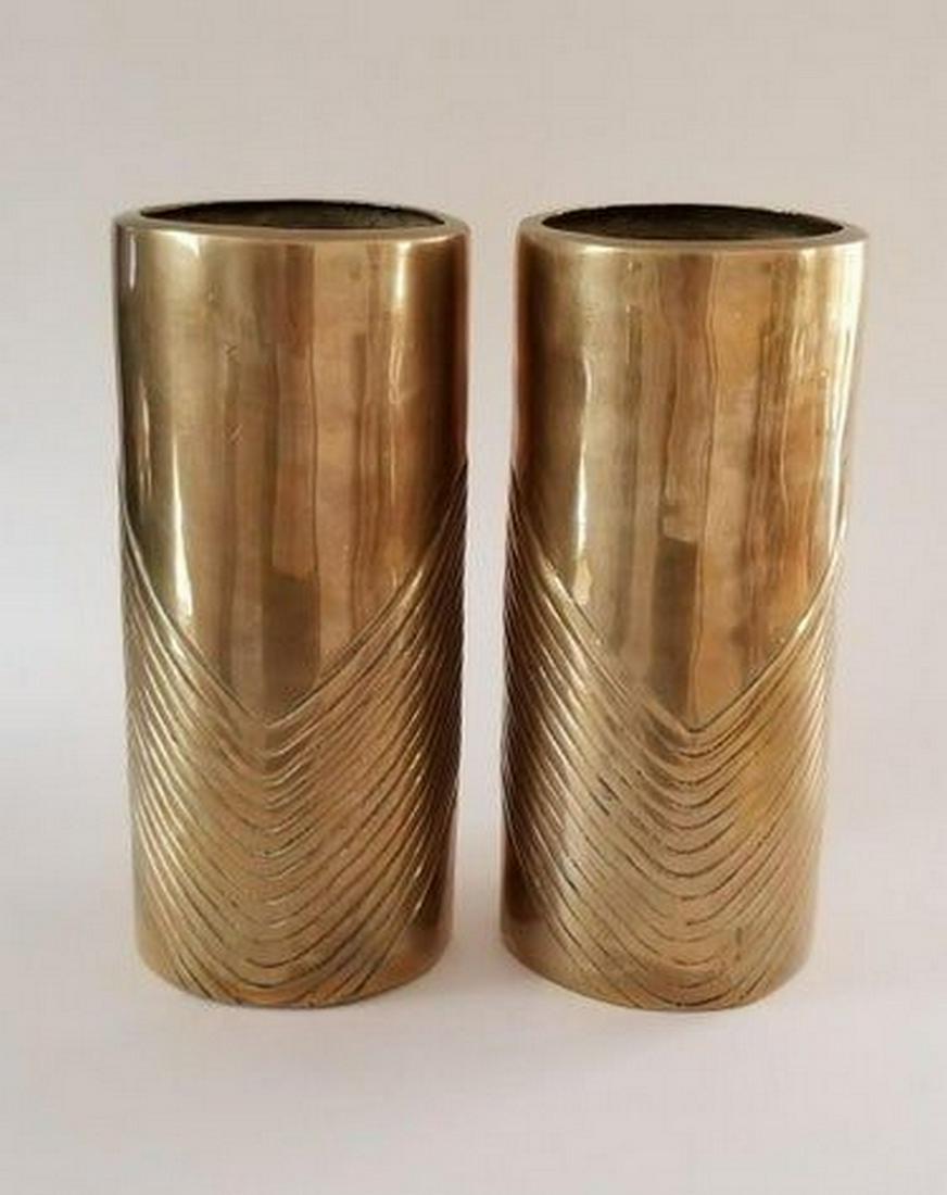 Mid Century Curtis Jere Brutalist Pair Brass Cylinder: Title: Mid Century Curtis Jere Brutalist Pair Brass Cylinder Vase Maker: Curtis Jere Origin: Date/Period: 1950s Materials: Brass Size:9 x 4 inches Description: MCM Curtis Jere modernist brutalist desi