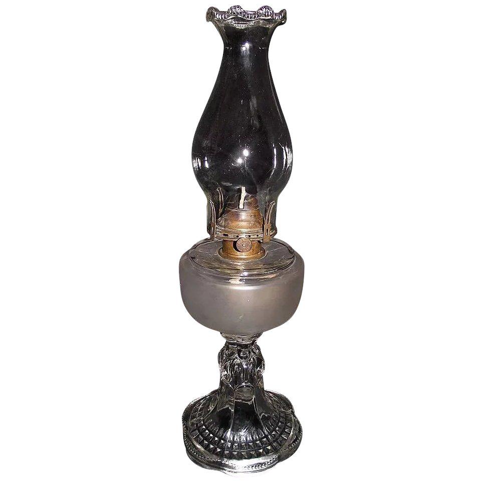 Findlay "Teardrop with Eyewinker Base & Frosted Fount": Title: Findlay "Teardrop with Eyewinker Base & Frosted Fount" Pattern Oil Lamp & Pie Crust Chimney ! Ca. 1900. Description: Findlay "Teardrop with Eyewinker Base & Frosted Fount" Pattern Oil Lamp with