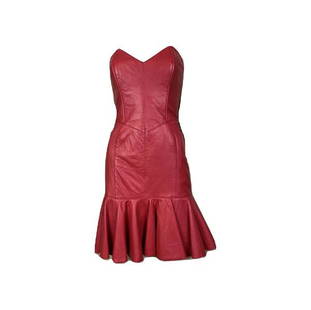 Vintage Michael Hoban Red Leather Bustier Ruffle Mini: Vintage Red Leather Bustier Ruffle Mini Dress XS Small Michael Hoban for North Beach Leather, Shell: 100% Genuine Leather, Lining: 100% Rayon,boning in front, sides, and back Bust: 34 inches Waist: 26