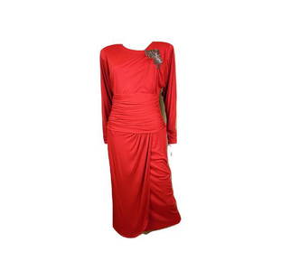 Vintage Bright Beaded Red Ruche Drape Dress: VINTAGE BEADED BRIGHT RED RUCHE DRAPE DRESS vtg 12 like MEDIUM / lg Joy Stevens Bust: 40 inches Waist: 32 inches Hips: 38 inches Length: 44 inches Shoulders: 17 inches Sleeves: 24 inches Rese