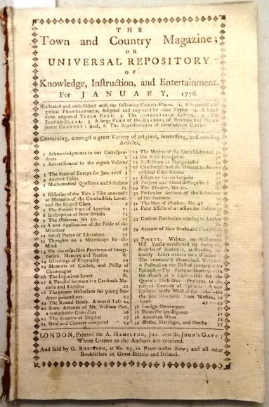 1776 Magazine American Revolution: The January 1776 issue of "The Town and Country Magazine", printed at London for A. Hamilton, 56 pages with one engraving of "Tete-a-Tete". Interesting article on America and description of New Britai