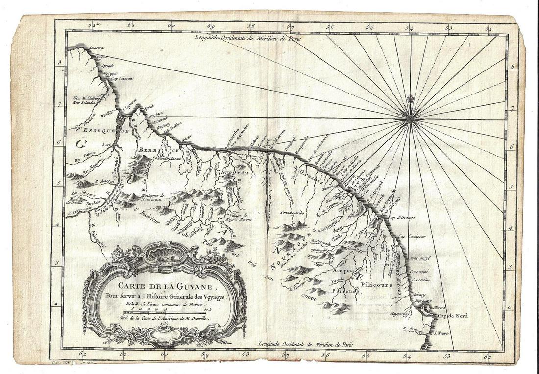 1757 Jacques Bellin Map Carte De La Guyane: Carte De La Guyane, by Jacques Bellin, printed at Paris in 1757 from his work "L'Histoire Generale des Voyages". Very Good condition, fold. Measures 13.5 x 9.5". Reserve: $40.00 Shipping: Domestic: Fl