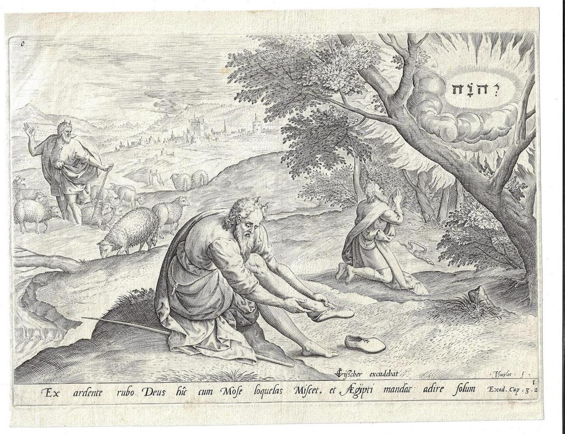 17th C Engraving Moses Burning Bush Visscher (1 of 1)