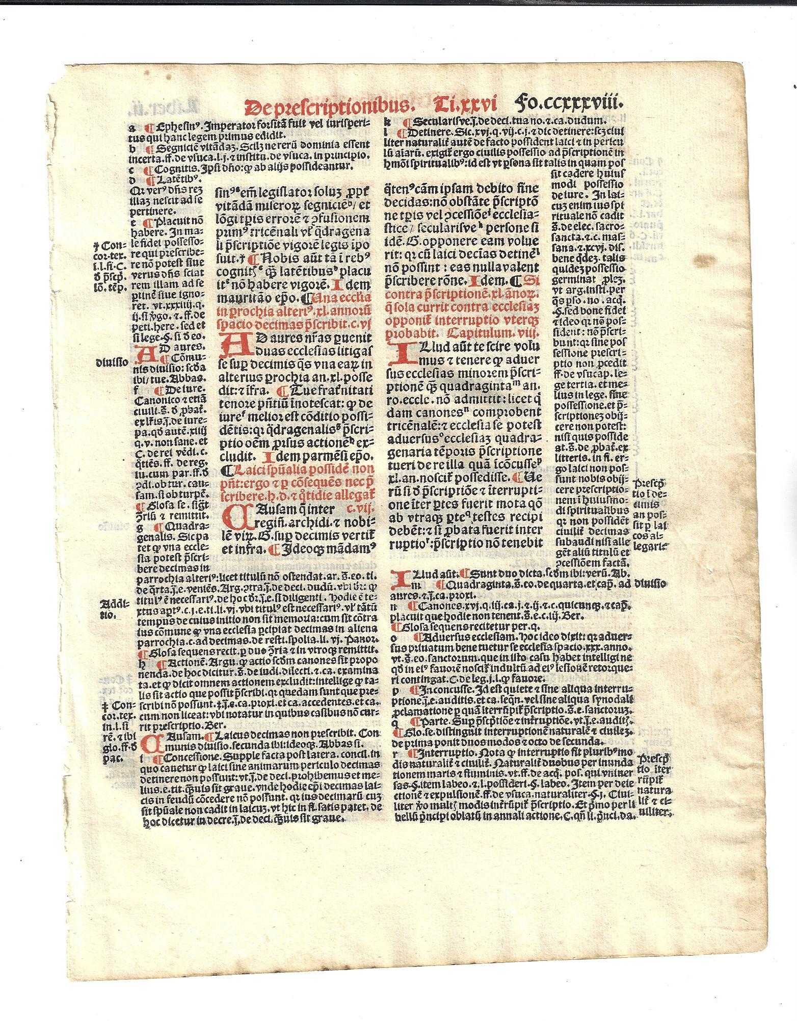 1516 Leaf Decretales of Pope Gregory IX: A leaf from the Decretales of Pope Gregory IX, printed at Paris in 1516. On Fine paper in red and black. Measures 7 x 9", accompanied by color copy of the title leaf . Reserve: $40.00 Shipping: Domest