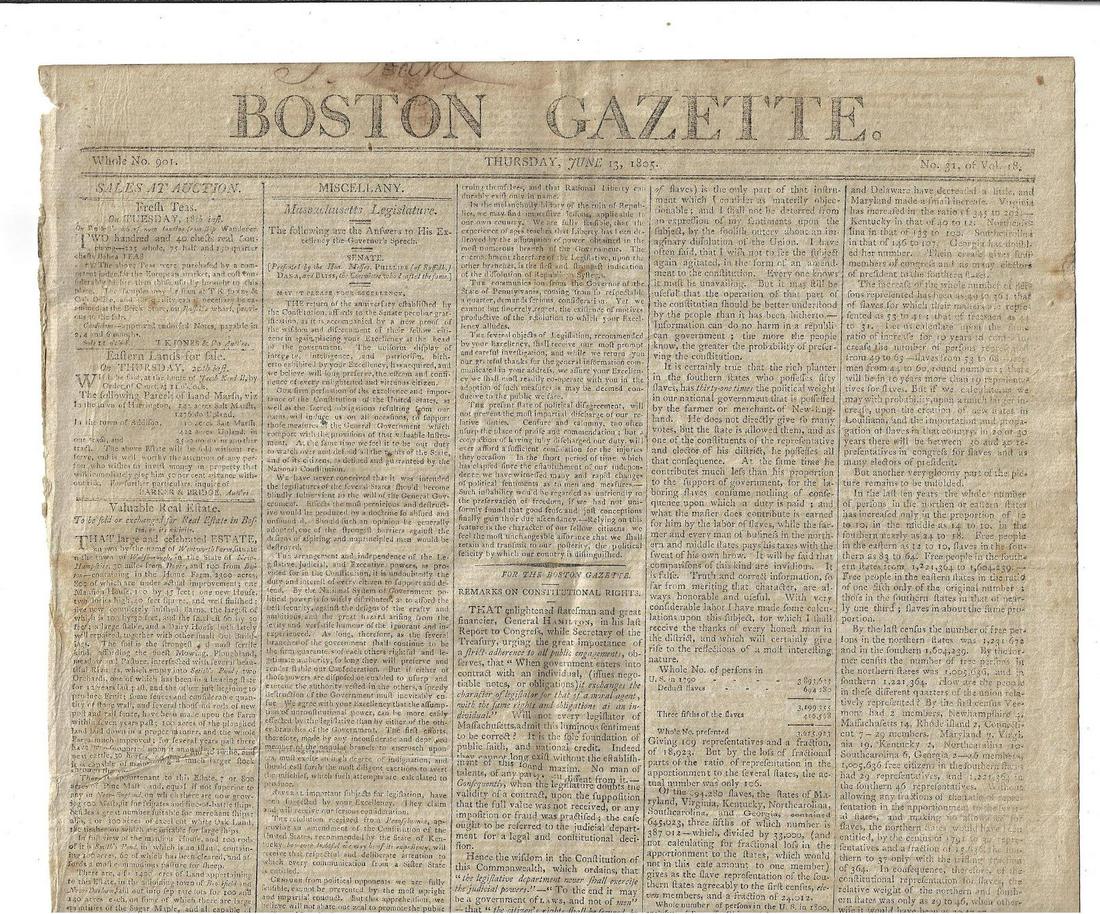 1805 Newspaper Alexander Hamilton Constitution (1 of 2)