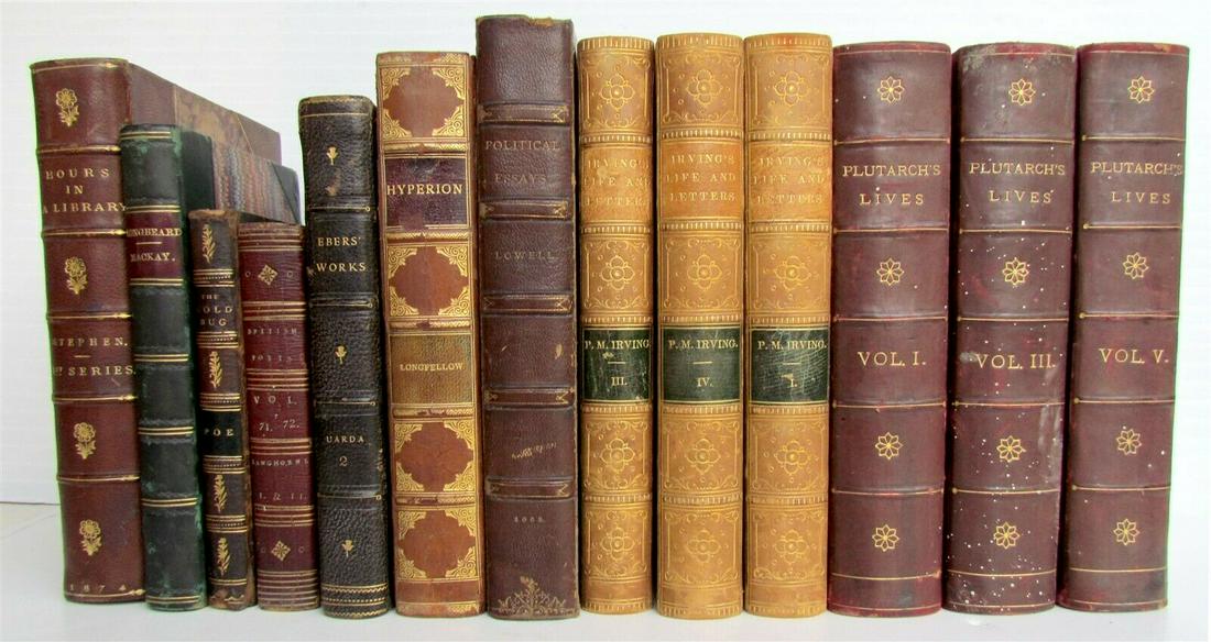 LOT OF 13 antique 19th century DECORATIVE BINDINGS: LOT OF 13 antique 19th century DECORATIVE BINDINGS BOOKS Some are odd volumes Leather spines. Size: largest 5 by 7 1/2" smallest 3 by 5 1/2" Good condition. Texts in English Reserve: $132.99 Shipping: