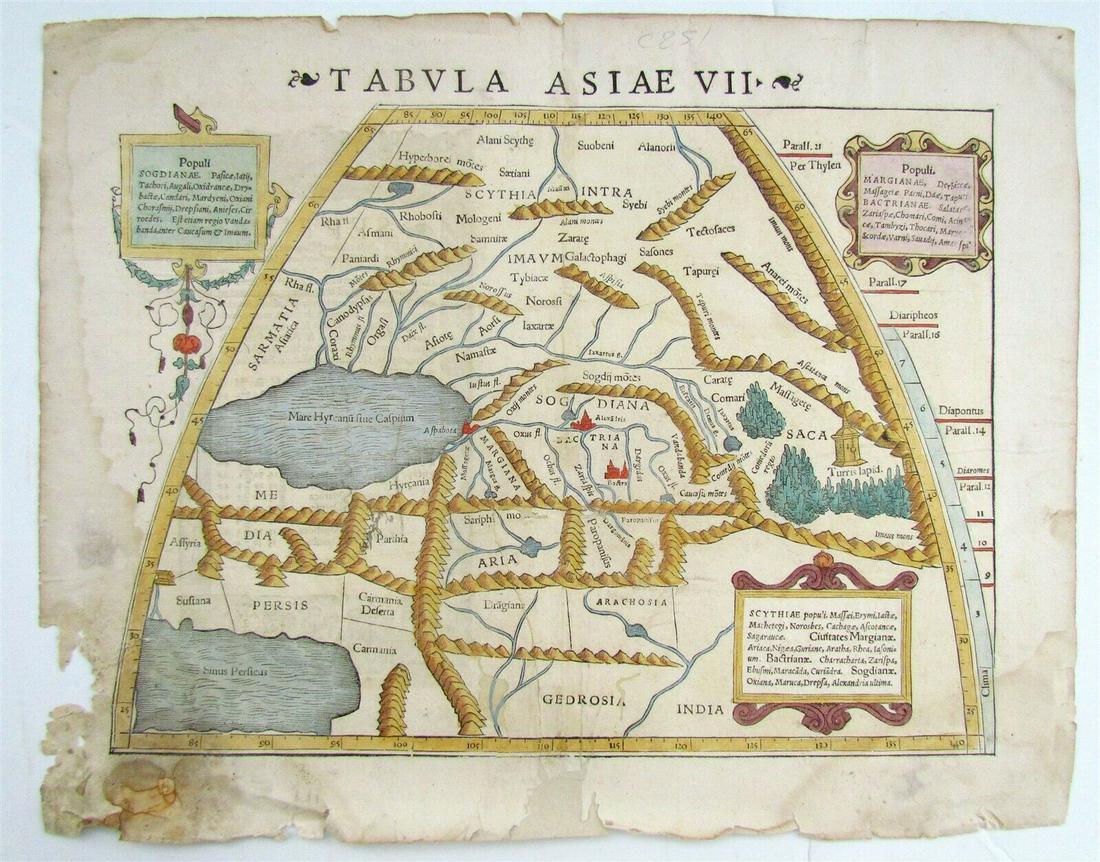 1542 PTOLEMY MAP of CASPIAN SEA PERSIAN GULF INDIA: Tabula Asiae XII By Ptolemaeus, Claudius Woodcut map. Hand colored. Verso illustrated with a decorative woodcut illustration - the woodcut border surrounding the type of the verso is the work of Hans