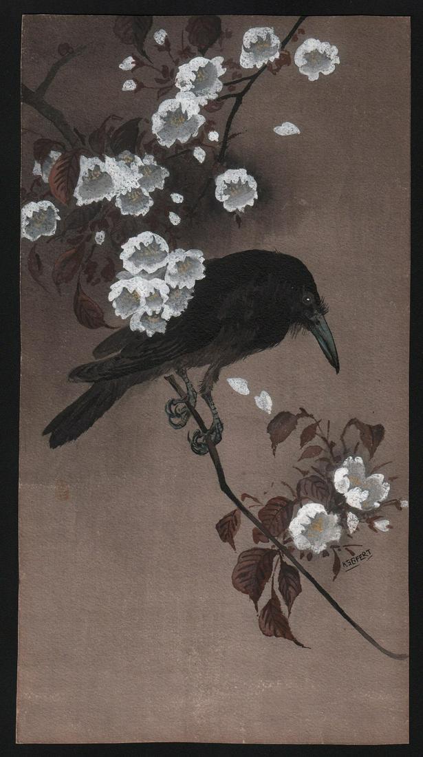 After Ohara Koson - Signed Kseifert - A painting (on: Title: Artist: After Ohara Koson - Signed Kseifert. Subject: A painting (on paper) depicting the well known Koson design: Crow on blossoming branch. Subject: Original Painting on paper based upon a Ja