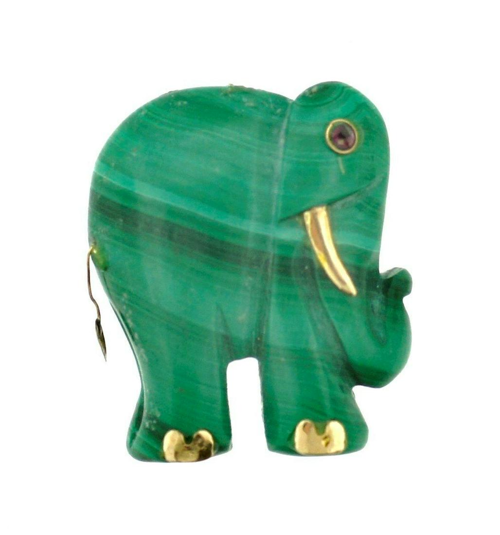 CUTE 14k Yellow Gold, Malachite & Ruby Elephant: DK 14k Yellow Gold, Ruby & Malachite Elephant Charm/Pendant! This wonderful charm/pendant is one of a kind! The weight is 8.4 grams. The ruby eye is 0.04 points. The height is 1 inch. The length is 7/