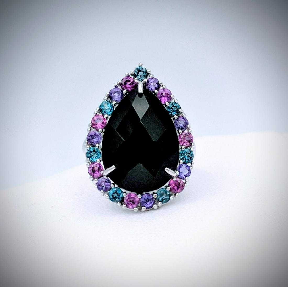 925 SS Ring Sz 7 w Black Onyx, Blue Topaz, Pink & (1 of 3)