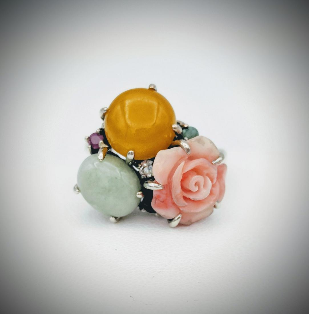 Coral Rose Ring w Yellow Jade, Jade, Ruby, Emerald & (1 of 4)